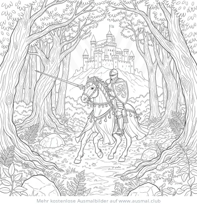 Ritter auf Pferd vor Schloss im Wald Ausmalbild