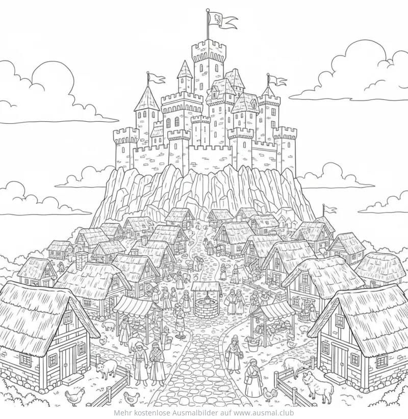 Mittelalterliche Burg mit Stadt Ausmalbild