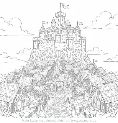 Mittelalterliche Burg mit Stadt Ausmalbild