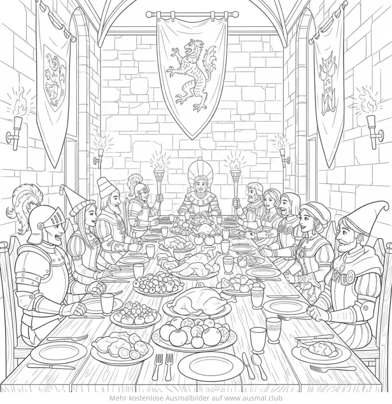 Mittelalterliches Bankett mit Edelleuten an reich gedeckter Tafel Ausmalbild