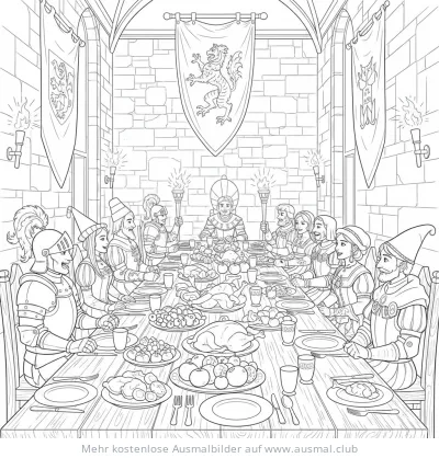 Mittelalterliches Bankett mit Edelleuten an reich gedeckter Tafel Ausmalbild