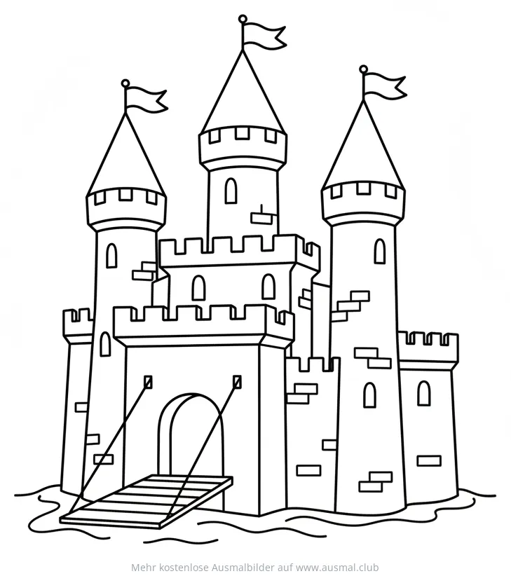 Mittelalterliche Burg mit Zugbrücke Ausmalbild