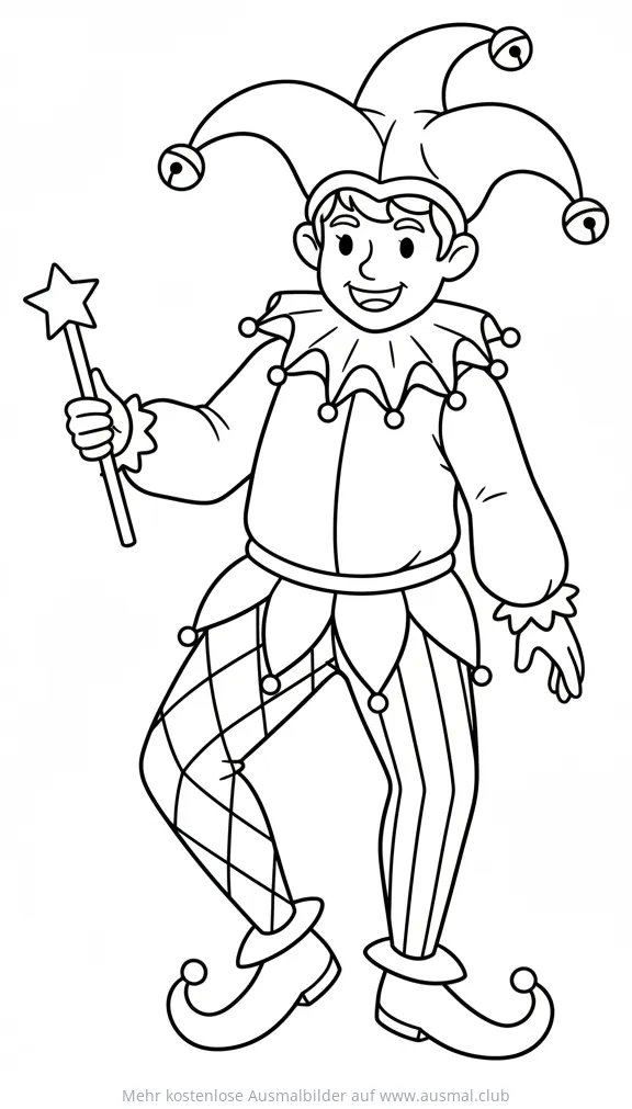 Narr mit Narrenkappe und Sternenstab Ausmalbild