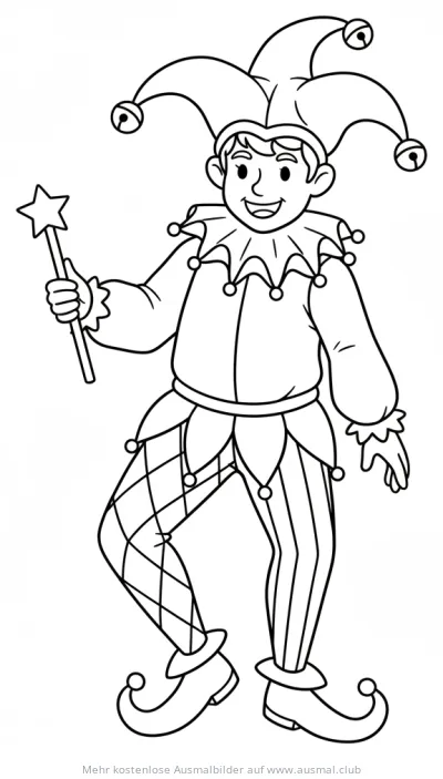 Narr mit Narrenkappe und Sternenstab Ausmalbild