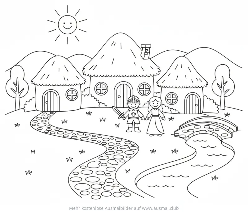 Mittelalterliches Dorf mit Ritter und Prinzessin Ausmalbild