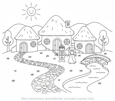 Mittelalterliches Dorf mit Ritter und Prinzessin Ausmalbild