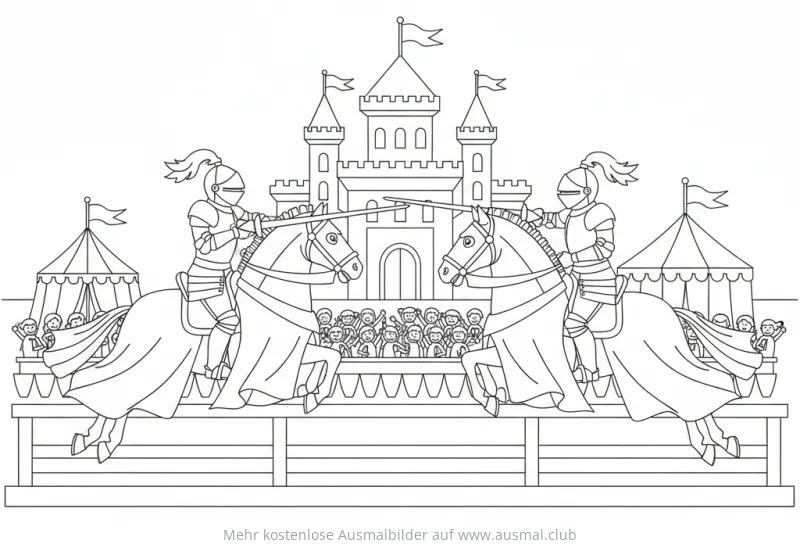 Ritterturnier Ausmalbild mit zwei Rittern auf Pferden vor Burg