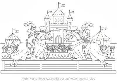 Ritterturnier Ausmalbild mit zwei Rittern auf Pferden vor Burg