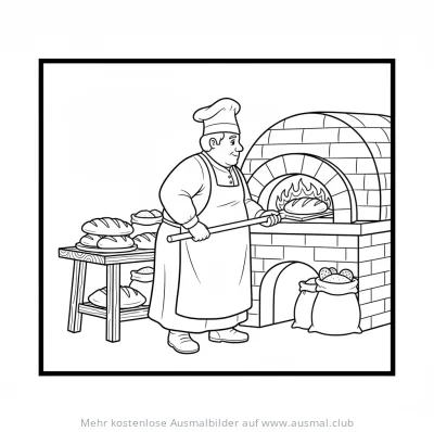 Bäcker holt Brot aus dem Ofen Ausmalbild