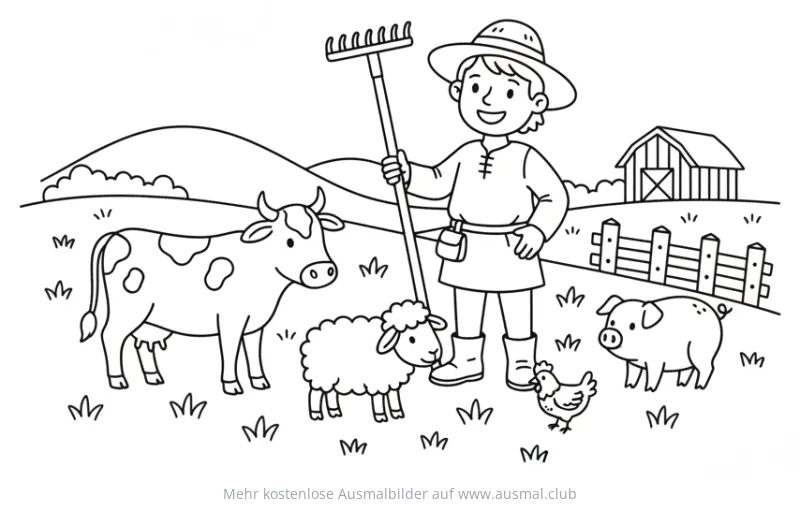 Bauer mit Tieren (Kuh, Schaf, Schwein, Huhn) Ausmalbild