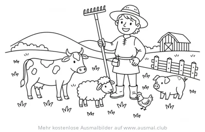 Bauer mit Tieren (Kuh, Schaf, Schwein, Huhn) Ausmalbild