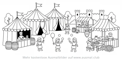 Mittelalterlicher Markt mit Zelten, Händlern und Kindern Ausmalbild