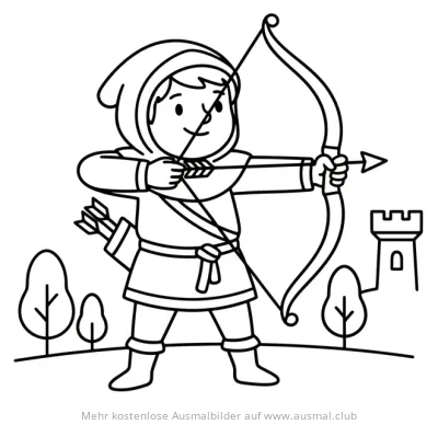 Bogenschütze mit Pfeil und Bogen vor Burgturm Ausmalbild