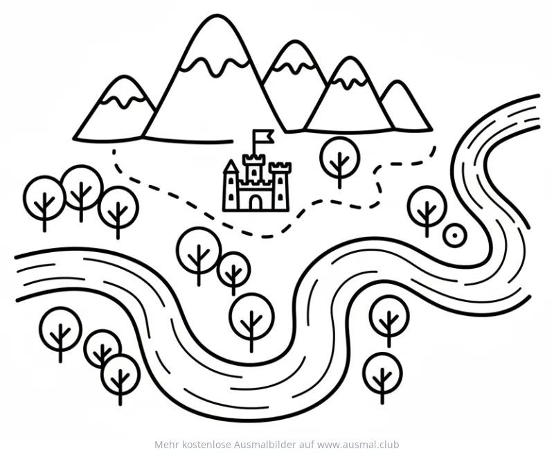 Mittelalterliche Karte mit Bergen, Schloss und Fluss Ausmalbild
