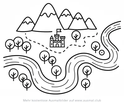 Mittelalterliche Karte mit Bergen, Schloss und Fluss Ausmalbild