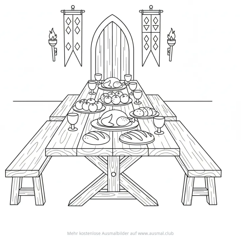 Mittelalterliches Festmahl mit reich gedecktem Tisch Ausmalbild