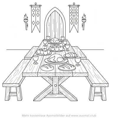Mittelalterliches Festmahl mit reich gedecktem Tisch Ausmalbild