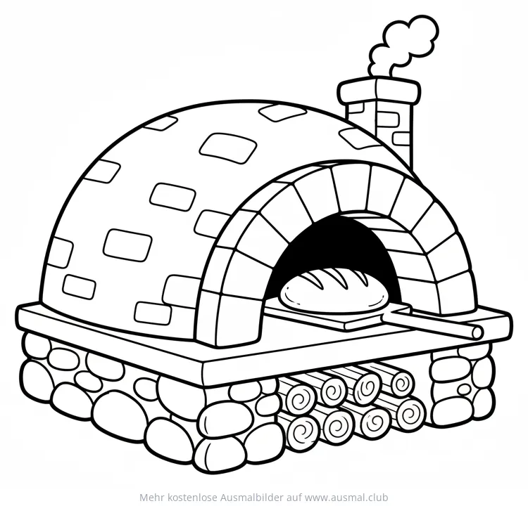 Backofen Ausmalbild mit Brot und Holzscheiten