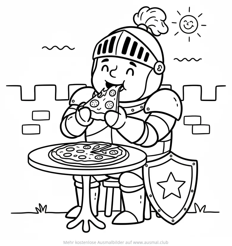 Ritter isst Pizza Ausmalbild vor Burgmauer