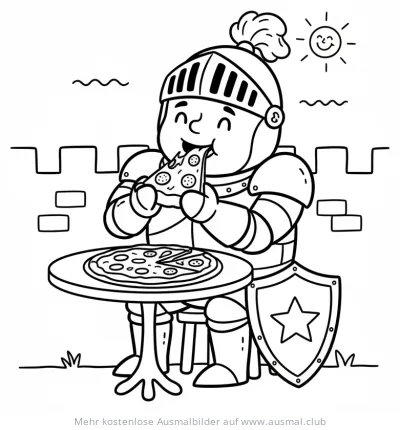 Ritter isst Pizza Ausmalbild vor Burgmauer