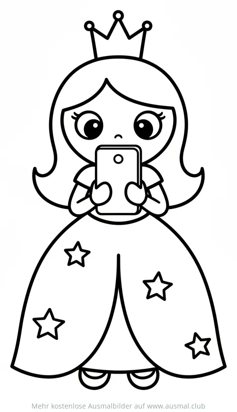 Prinzessin mit Krone und Smartphone Ausmalbild