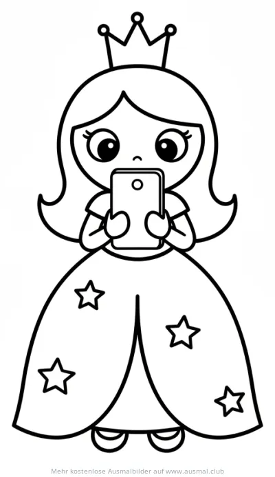 Prinzessin mit Krone und Smartphone Ausmalbild