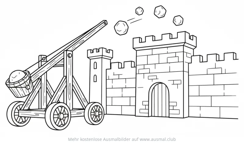 Katapult schleudert Steine auf Burgmauer Ausmalbild