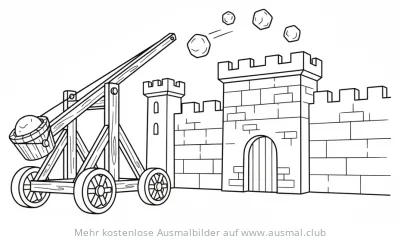 Katapult schleudert Steine auf Burgmauer Ausmalbild