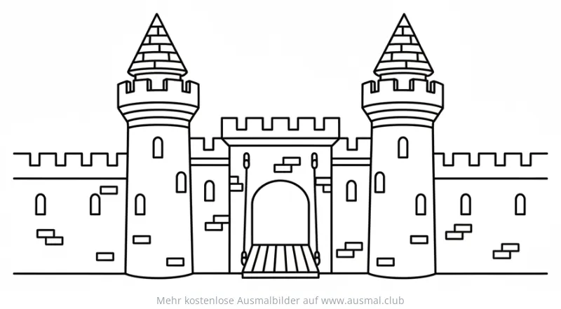 Burgmauer mit Türmen und Zugbrücke Ausmalbild
