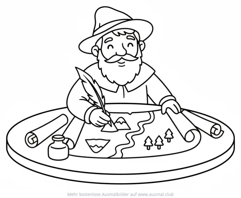 Mittelalterlicher Kartograf zeichnet Landkarte Ausmalbild