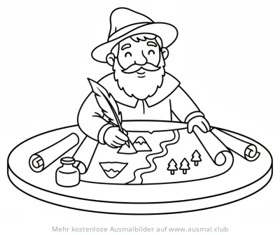 Mittelalterlicher Kartograf zeichnet Landkarte Ausmalbild