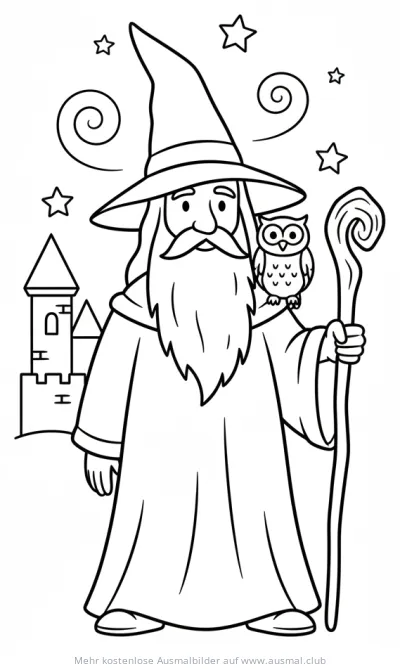 Merlin mit Eule und Zauberstab Ausmalbild