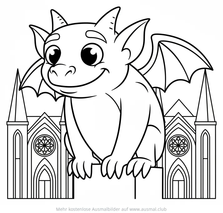 Cartoon Wasserspeier sitzt vor gotischer Kathedrale Ausmalbild