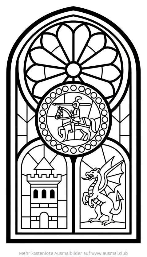 Buntglasfenster mit Ritter, Drache und Burg Ausmalbild