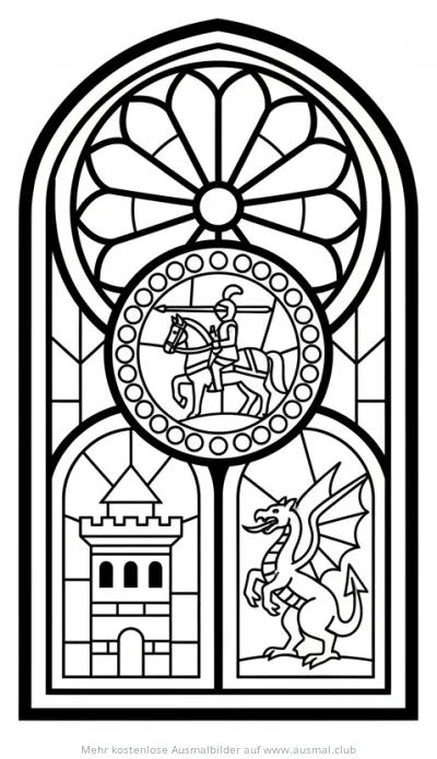 Buntglasfenster mit Ritter, Drache und Burg Ausmalbild