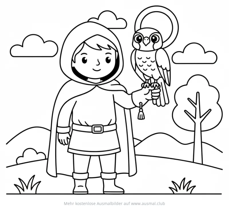 Mittelalter Ausmalbild: Junge mit Falke in Landschaft