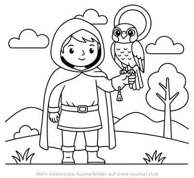 Mittelalter Ausmalbild: Junge mit Falke in Landschaft