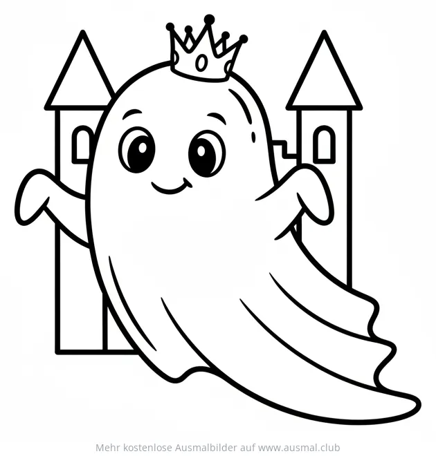 Freundlicher Burggeist mit Krone vor Burg Ausmalbild