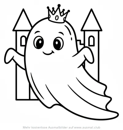 Freundlicher Burggeist mit Krone vor Burg Ausmalbild