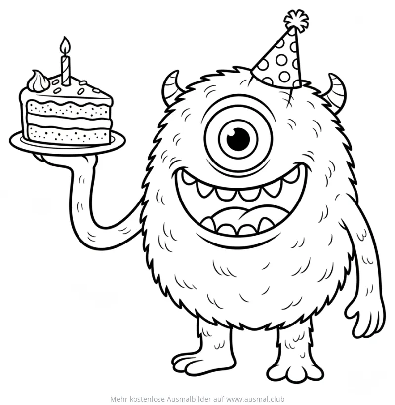Einäugiges Monster mit Partyhut und Geburtstagskuchen Ausmalbild