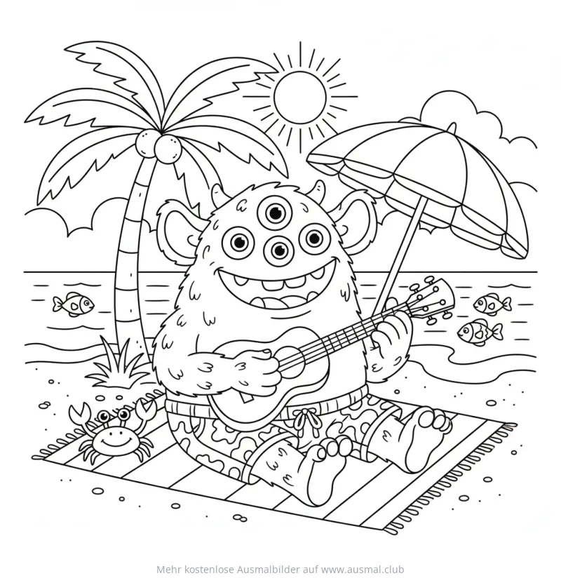 Monster mit Ukulele am Strand Ausmalbild