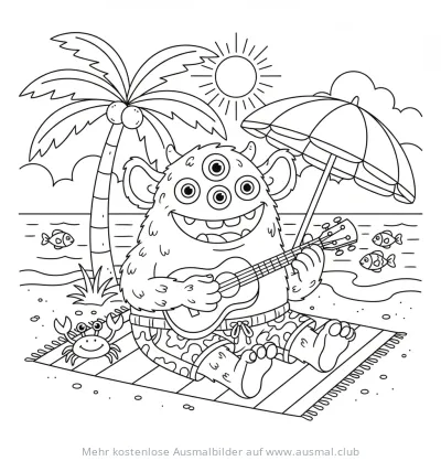 Monster mit Ukulele am Strand Ausmalbild