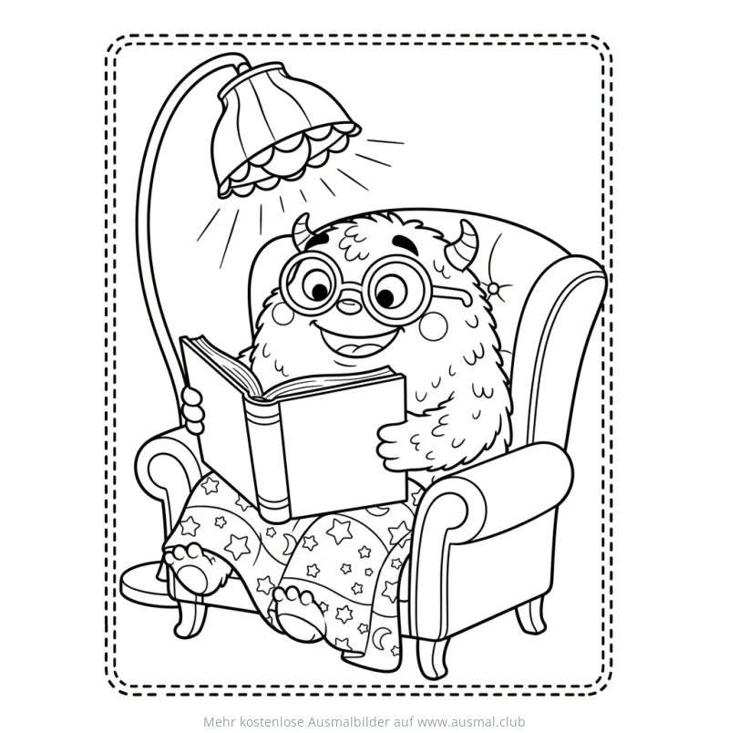 Monster mit Brille liest Buch im Sessel unter Lampe Ausmalbild