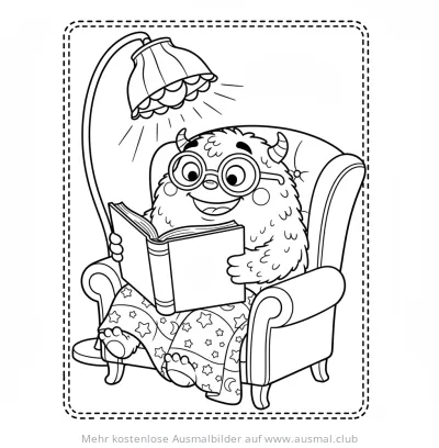 Monster mit Brille liest Buch im Sessel unter Lampe Ausmalbild