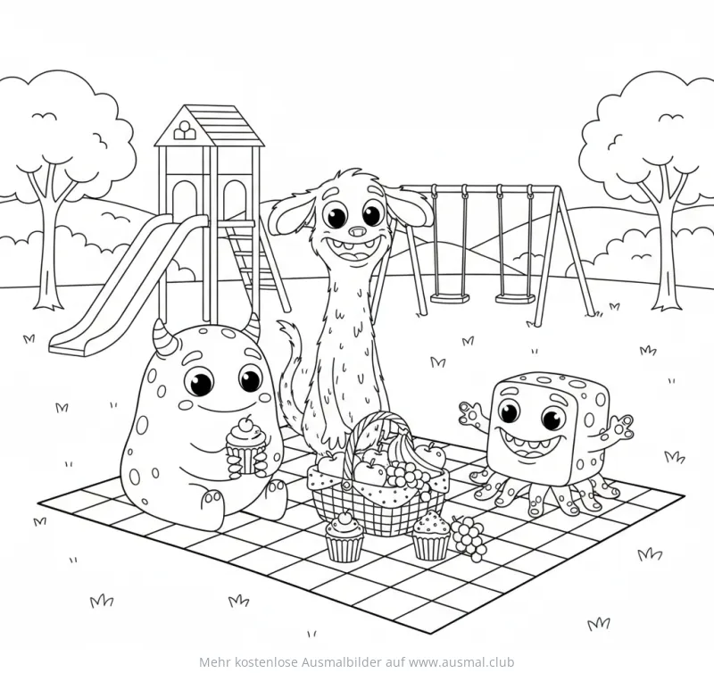 Monster Picknick Ausmalbild mit Spielplatz im Hintergrund