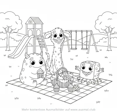 Monster Picknick Ausmalbild mit Spielplatz im Hintergrund
