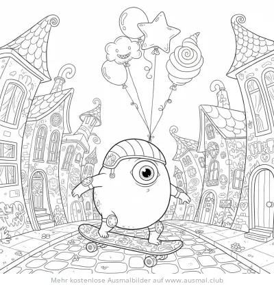 Monster auf Skateboard Ausmalbild mit Ballons