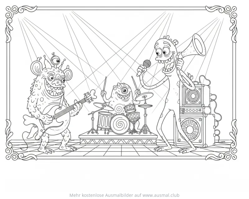 Monster Band mit Gitarre, Gesang und Schlagzeug Ausmalbild