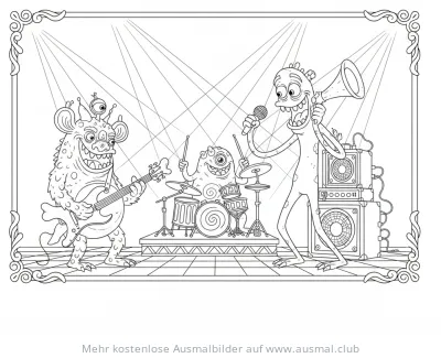 Monster Band mit Gitarre, Gesang und Schlagzeug Ausmalbild