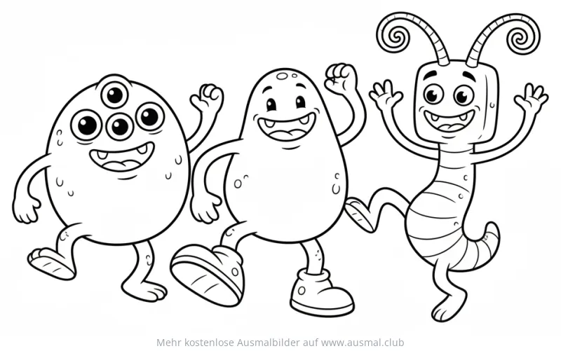 Drei tanzende Monster Ausmalbild